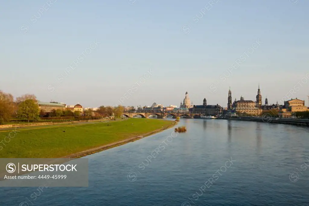 City view with the Elbe River, Elbe meadows, Augustus Bridge, Frauenkirche, Church of our Lady, Staendehaus, Hofkirche, Hausmannsturm, tower of the Dresden Castle, Semperoper, opera house, Dresden, Saxony, Germany