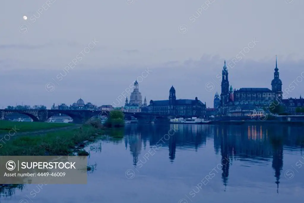 City view with Elbe River, Augustus Bridge, Frauenkirche, Church of our Lady, Staendehaus, town hall tower, Hofkirche and Hausmannsturm, tower of Dresden Castle, Dresden, Saxony, Germany