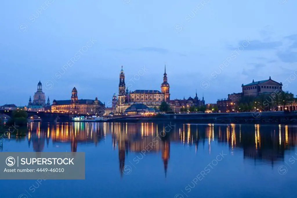 City view with Elbe River, Augustus Bridge, Frauenkirche, Church of our Lady, Staendehaus, town hall tower, Hofkirche and Hausmannsturm, tower of Dresden Castle, Semperoper, Semper opera house, Dresden, Saxony, Germany