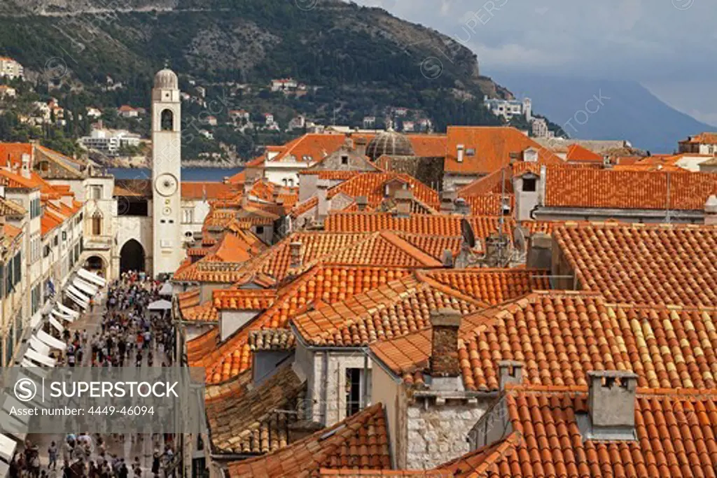 Placa Stadrun, Main shopping street in old city center, bell tower, Dubrovnik, Croatia