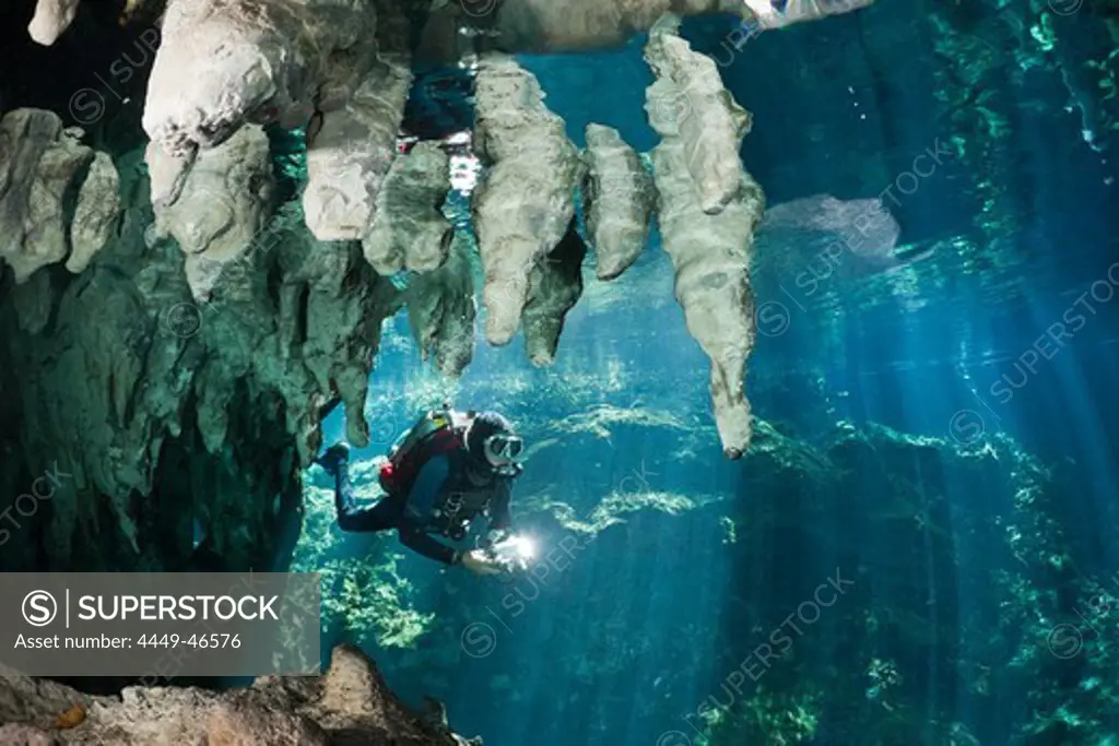 Scuba Diver in Gran Cenote, Tulum, Yucatan Peninsula, Mexico