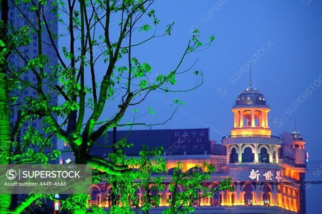 Tree and illuminated building in the evening, Shanghai, China, Asia
