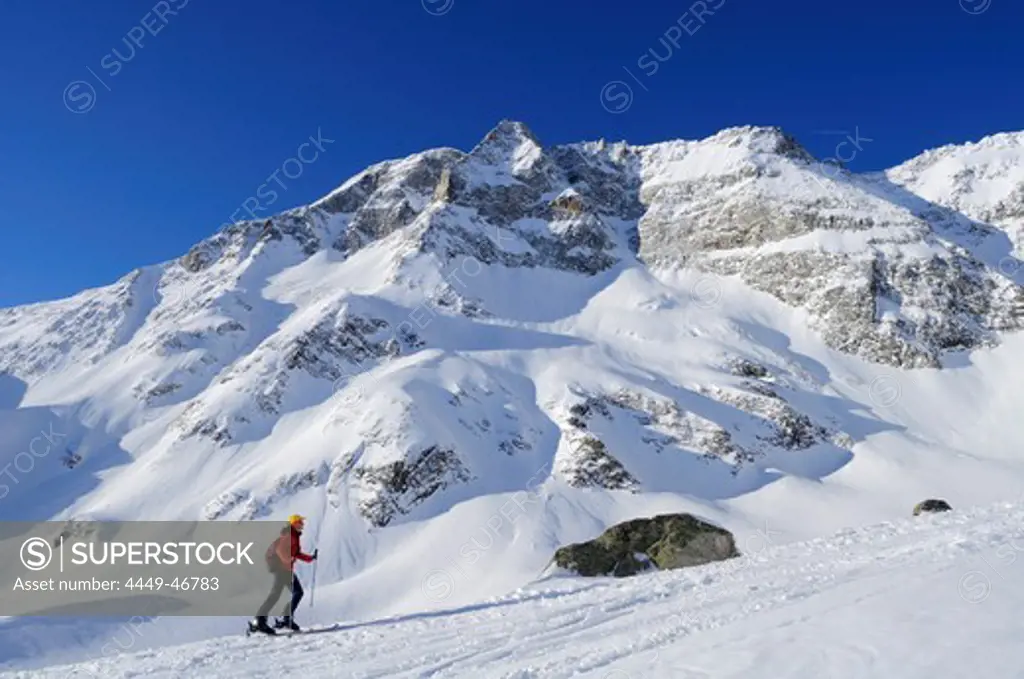 Female backcountry skier ascending to Hocharn, Hoher Sonnblick in background, Rauris valley, Goldberg mountain range, Hohe Tauern, Salzburg state, Austria