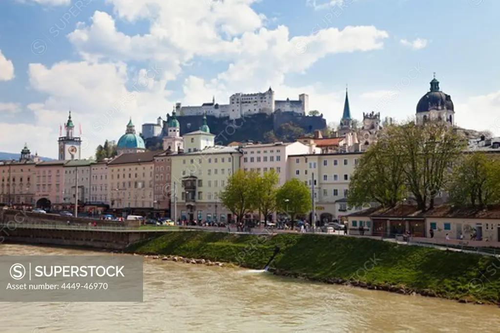 Salzburg Old Town with river Salzach and Hohensalzburg fortress, Austria, Europe