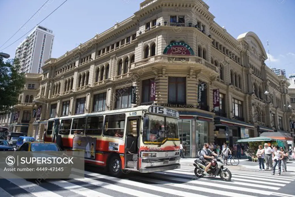 Public bus and Galerias Pacifico shopping mall, Buenos Aires, Argentina, South America, America