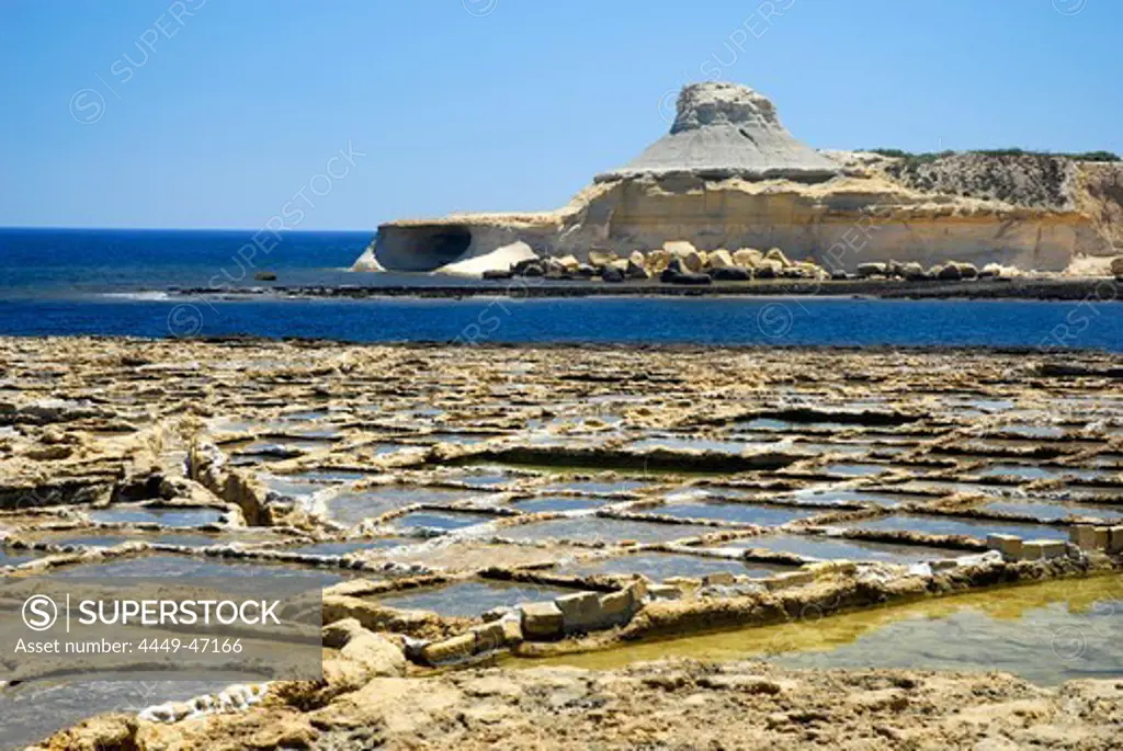 Salt works, rocky coast with salines, Xwejni Bay, Marsalforn, Gozo Island, Malta, Mediterranean, Europe