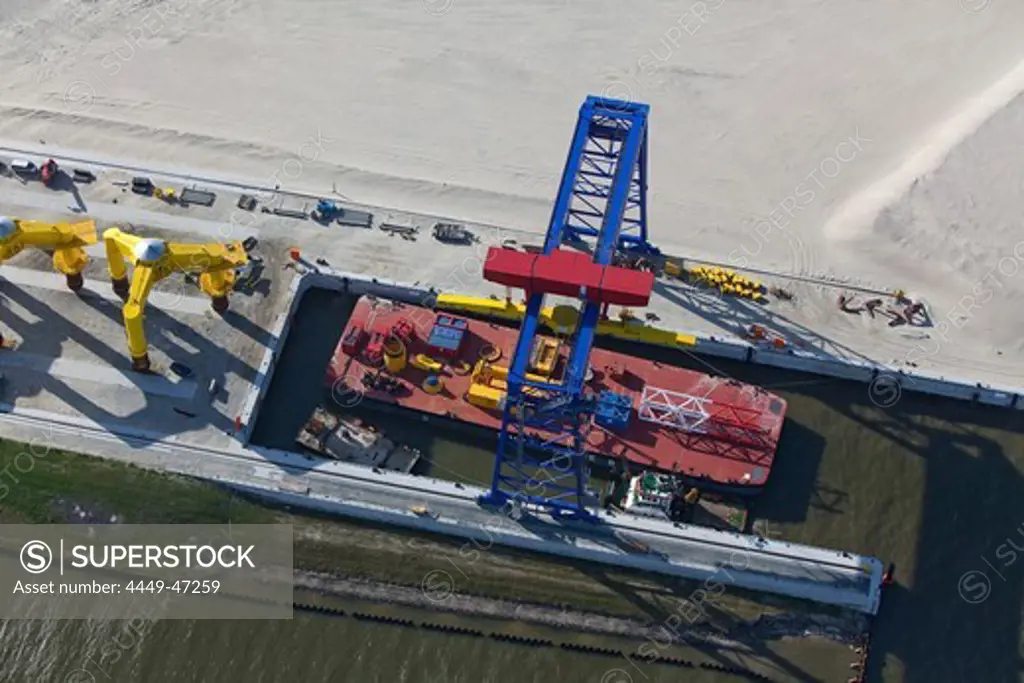 Aerial view of a floating platform for wind turbine construction, Cuxhaven, Lower Saxony, northern Germany