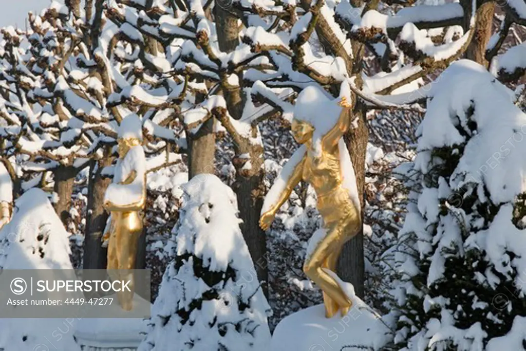 Herrenhausen Garten, golden statues in the winter snow, open air theatre, Hanover, Lower Saxony, Germany