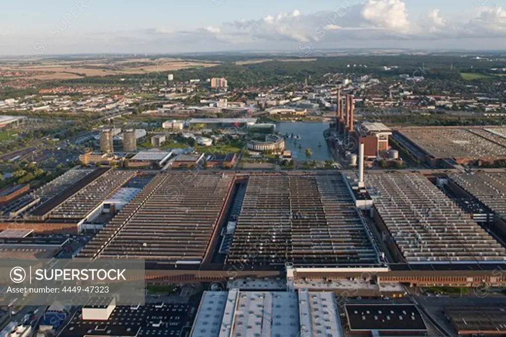 Aerial view of the Volkswagen plant, factory halls, Autostadt, Wolfsburg, Lower Saxony, Germany