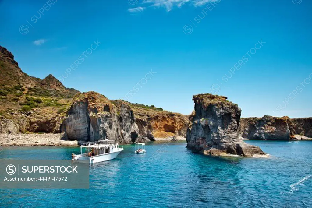 Boats in the bay of Cala Junca, Punta Milazzese, Panarea Island, Aeolian islands, Sicily, Italy