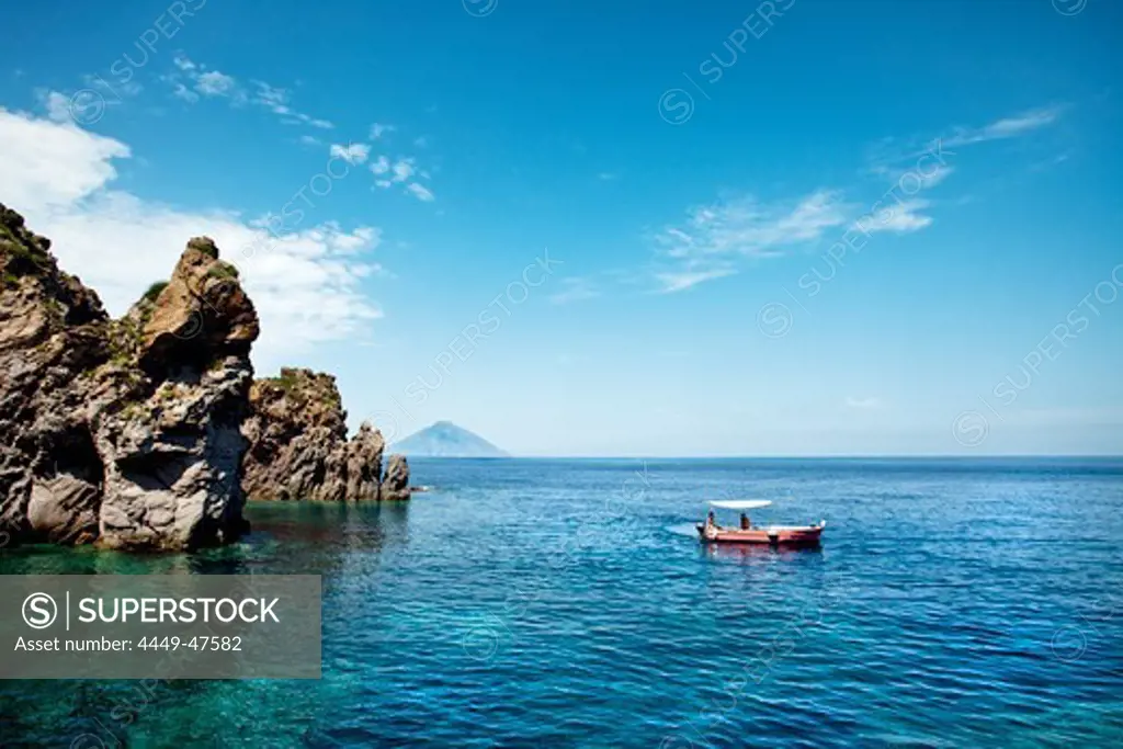 View from Panarea to Stromboli volcanic Island, Aeolian islands, Sicily, Italy