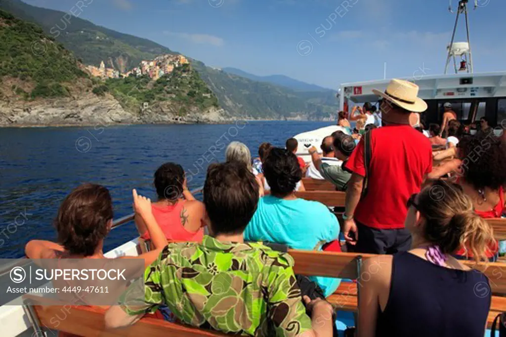 View from the excursion ship to Corniglia, boat trip along the coastline, Cinque Terre, Liguria, Italian Riviera, Italy, Europe