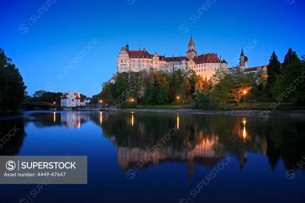 Sigmaringen castle in the evening light, Upper Danube nature park, Danube river, Baden-Wuerttemberg, Germany