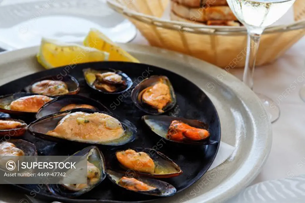 Steamed mussels in a restaurant in Funchal, Madeira, Portugal