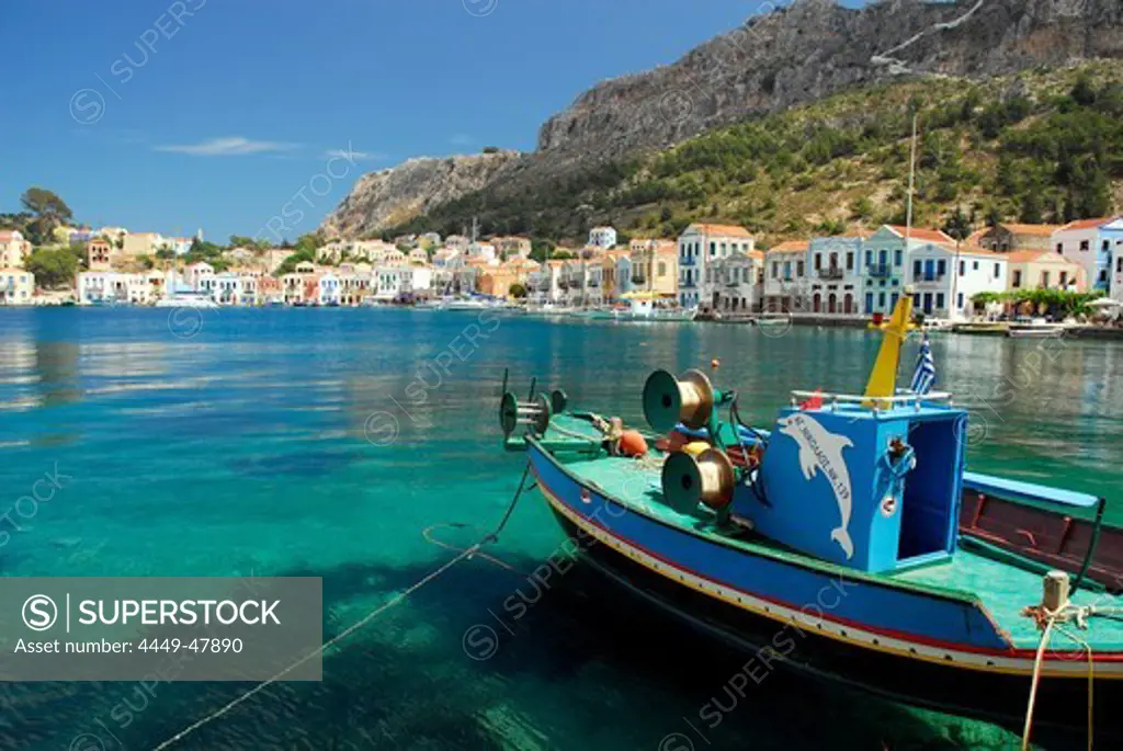 Fishing boat in the bay, Megisti town on the Kastelorizo Island, Meis, Dodecanese Islands, Aegean, Mediterranean, Greece