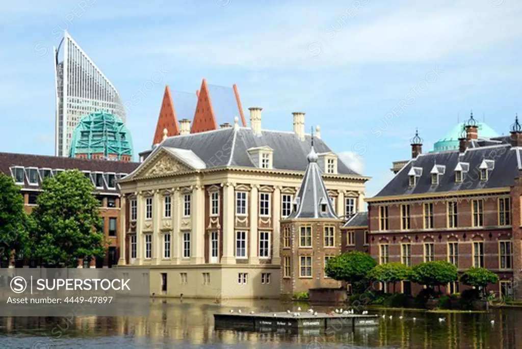 Mauritshuis museum and Binnenhof Parliament at the Hofvijver pool with modern architecture at back, The Hague, South-Holland, the Netherlands, Benelux