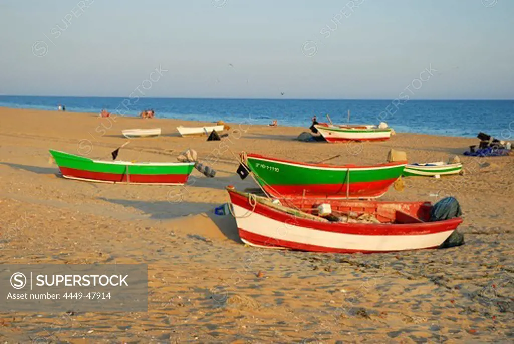 Beach at the Atlantic Ocean, boats of the fishing village La Antilla, Lepe, Costa de la Luz, Huelva, Andalusia, Andalucia, Spain, Europe