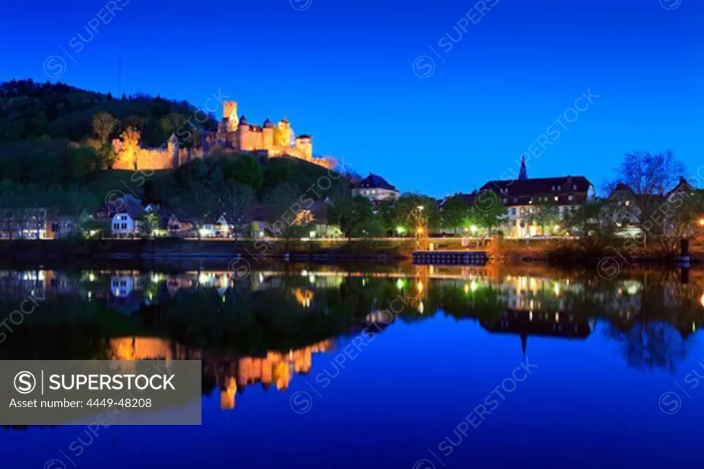 View over the Main river to the castle, Wertheim, Main river, Odenwald, Spessart, Baden-Wuerttemberg, Germany
