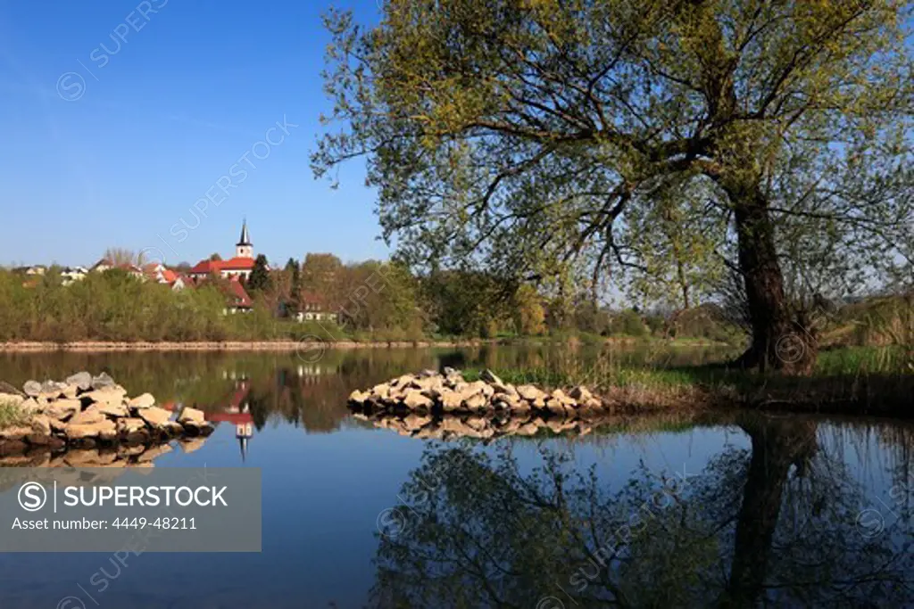 View over Main river to Hafenlohr, Main river, Odenwald, Spessart, Franconia, Bavaria, Germany