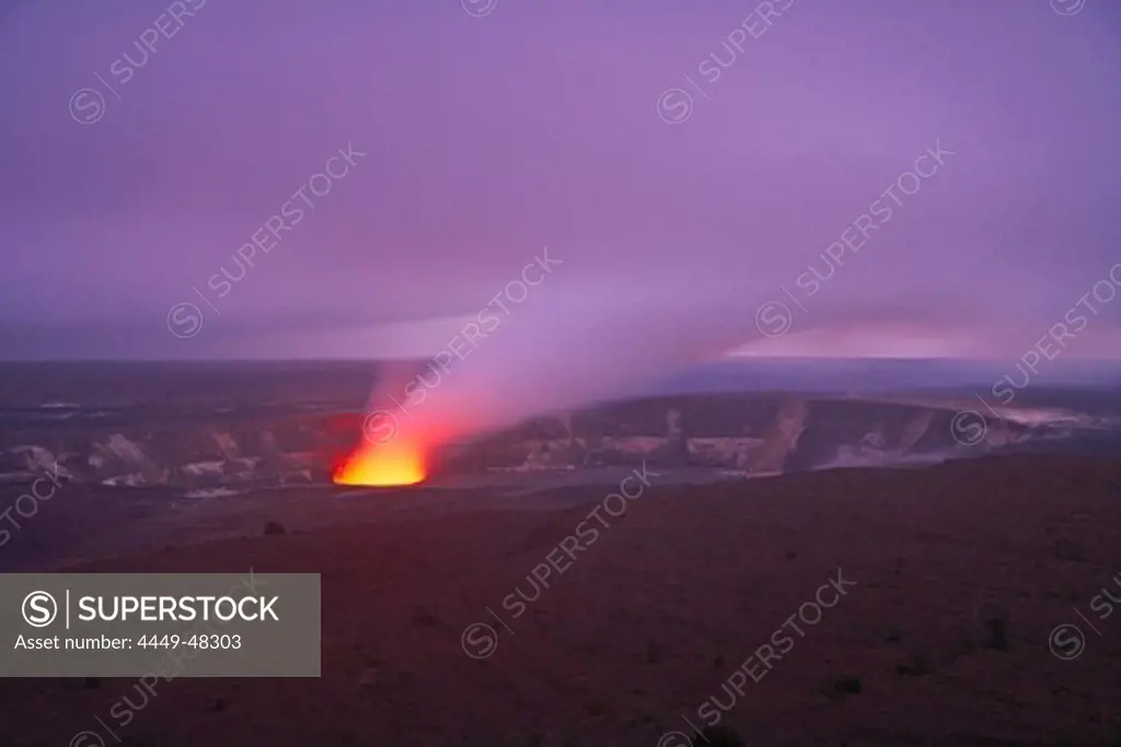 Halema'uma'u crater with wads of smoke in the evening, Hawaii Volcanoes National Park, Kilauea Caldera, Big Island, Hawaii, USA, America