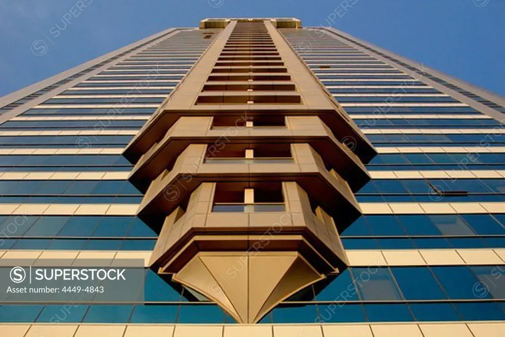 Low angle view at modern high rise building, Dubai, UAE, United Arab Emirates, Middle East, Asia