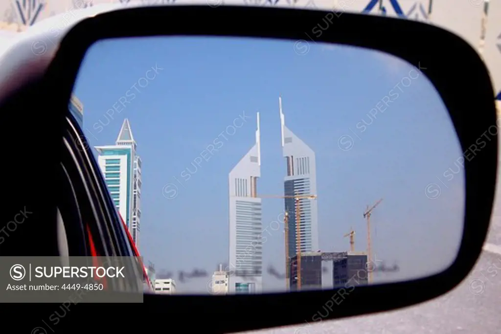 Dubai in rear view mirror, Dubai, UAE
