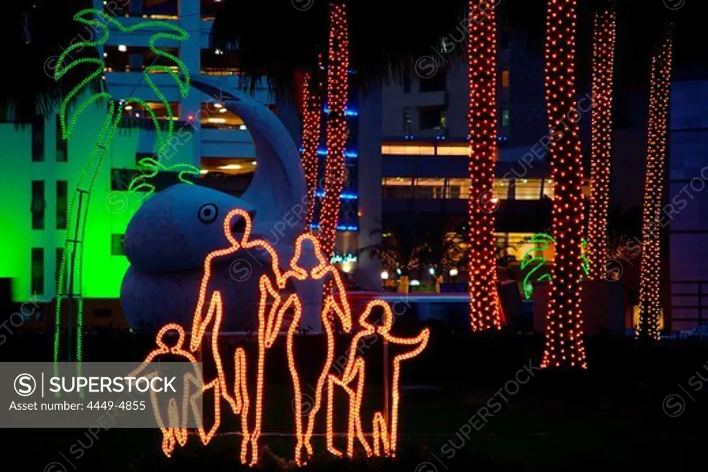 View at illuminated advertising at night, Dubai Shopping Festival, Dubai, UAE, United Arab Emirates, Middle East, Asia