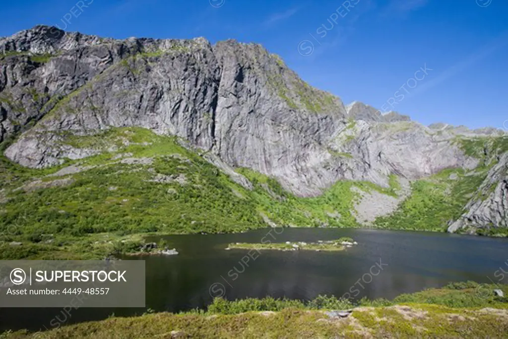 Mountainside Lake, near Hamnoy, Moskenesoy, Lofoten, Nordland, Norway, Europe