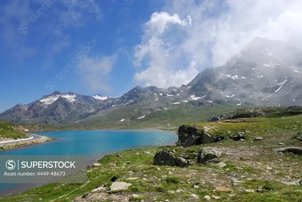 Lake Lago Bianco at Gaviapass, mountains in the background, Gaviapass, Ortler mountain range, Stelvio national park, Lombardy, Italy