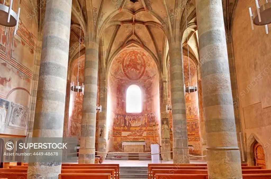 Interior shot of St. John's church with altar and Carolingian frescos, cloister Muestair, Muestair, UNESCO World Heritage Site Muestair, Engadin, Grisons, Switzerland