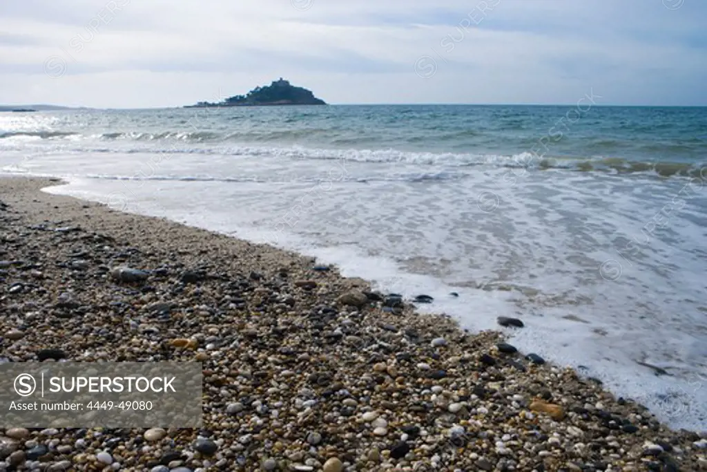Pebbled beach and view at St. Michael's Mount, Marazion, Cornwall, England, Europe
