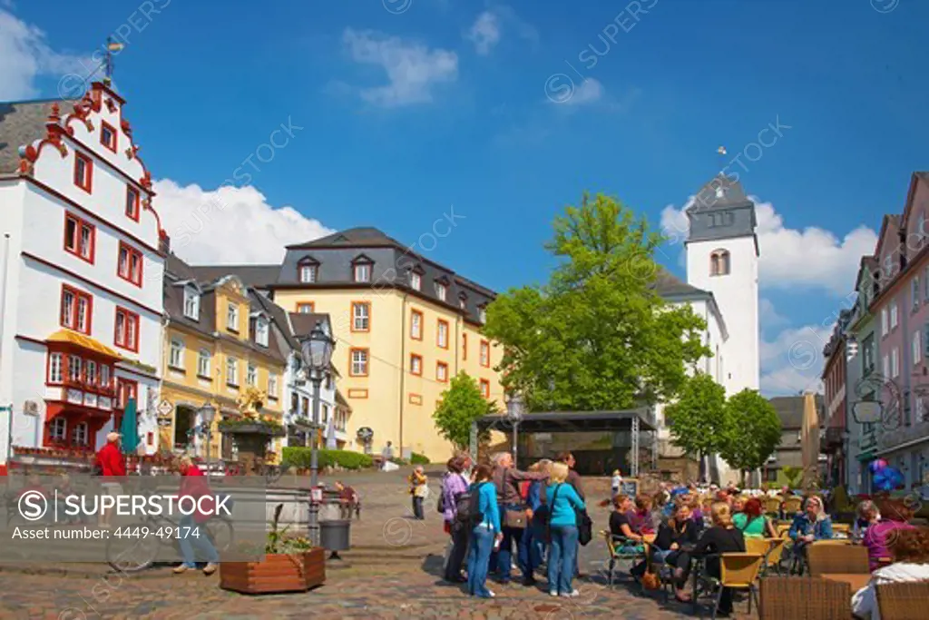 Hachenburg, Old Market, Hotel zur Krone (Steinernes Haus), Protestant city church, Westerwald, Rhineland-Palatinate, Germany, Europe