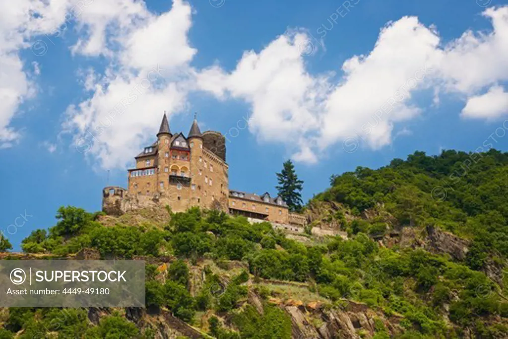Katz castle, St. Goarshausen, Shipping on the river Rhine, Koeln-Duesseldorfer, Mittelrhein, Rhineland-Palatinate, Germany, Europe
