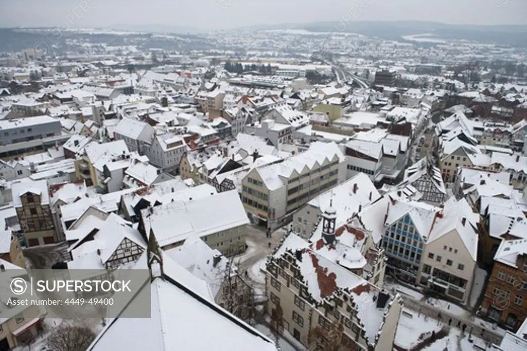 View from the parish church towards the snow covered rooftops, Bad Hersfeld, Hesse, Germany, Europe
