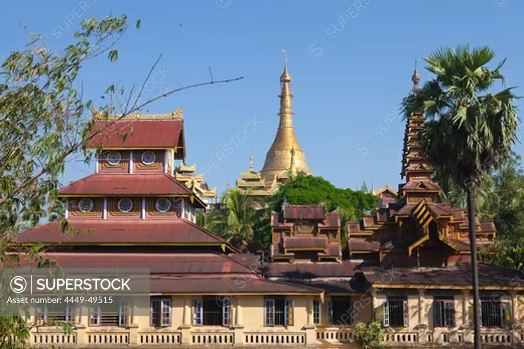 Buddhistic Kyaik Thanlan Pagoda in the sunlight, Golden Stupa, Mawlamyaing, Mon State, Myanmar, Birma, Asia