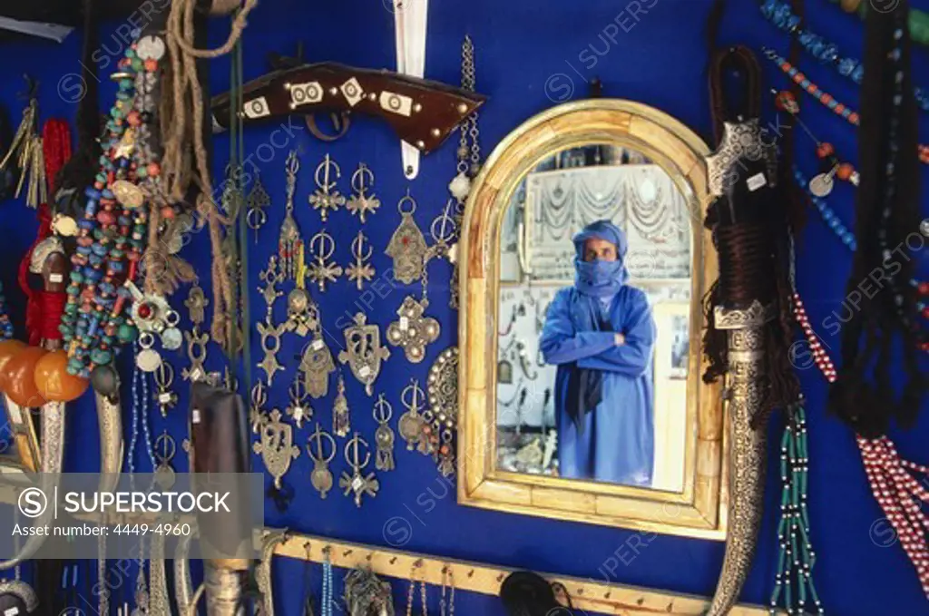 Reflection of Mohamed Jallali in his shop, Essaouira, Marocco