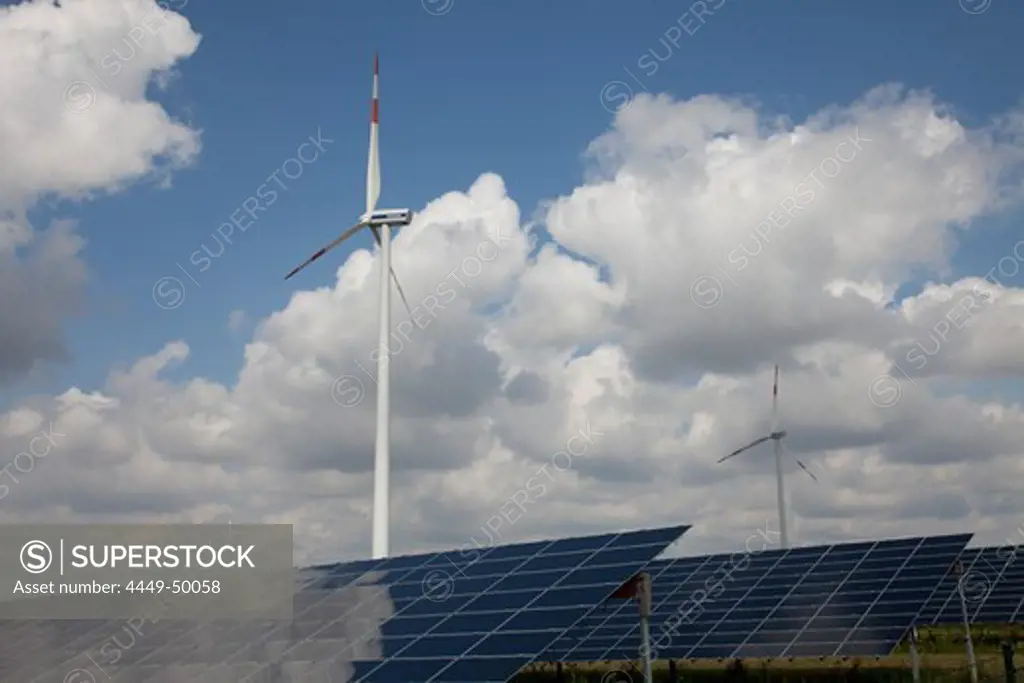 Photovoltaic installation and wind turbines, Biebelried, Lower Franconia, Bavaria, Germany