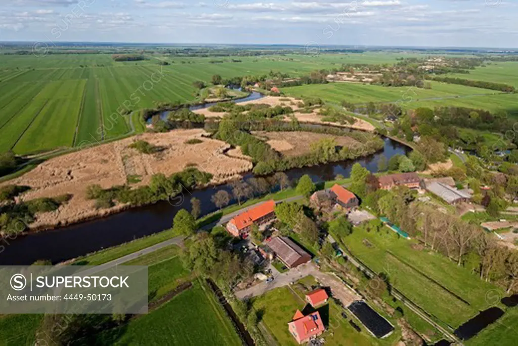 Aerial of the Blockland district of Bremen with marshland, dykes and farms, Bremen, Germany