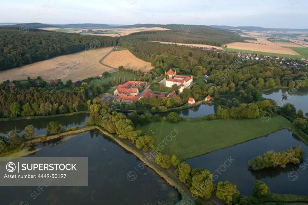 Aerial view of Derneburg Castle, former monastery, once home to artist Georg Baselitz, Holle, Hildesheim, Lower Saxony, Germany