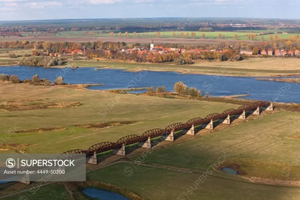 Aerial view of the Doemitz railway bridge monument, near Doemitz, bombed in 1945, former German border, Doemnitz, Lower Saxony, Germany
