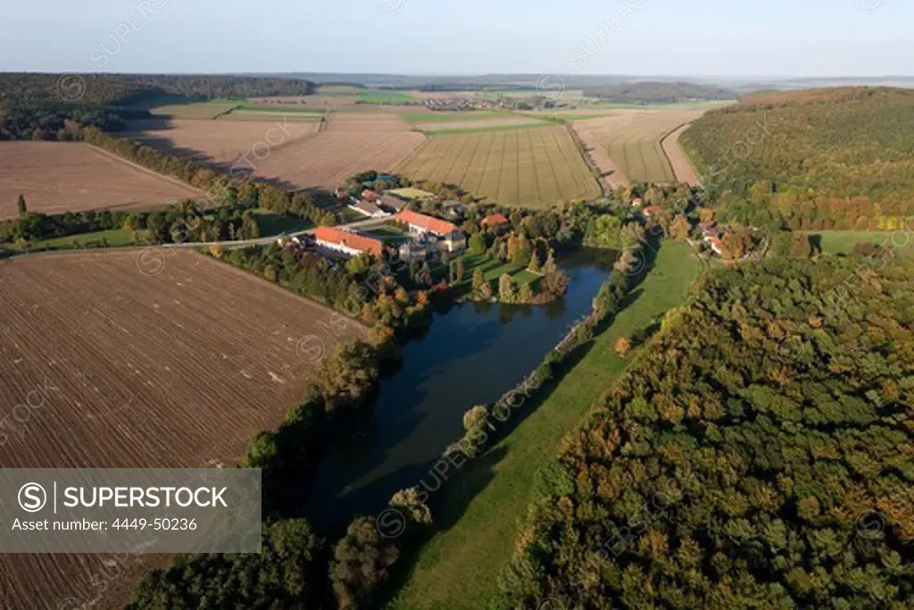 Aerial view of the baroque moated castle Soeder near Hildesheim, Lower Saxony, Germany