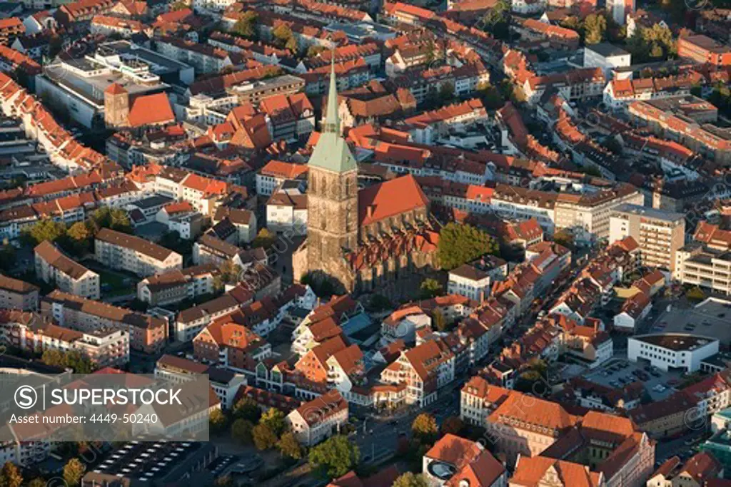 Aerial view of the city of Hildesheim, St Andreas church, tallest church tower in Lower Saxony, Hildesheim, Lower Saxony, Germany