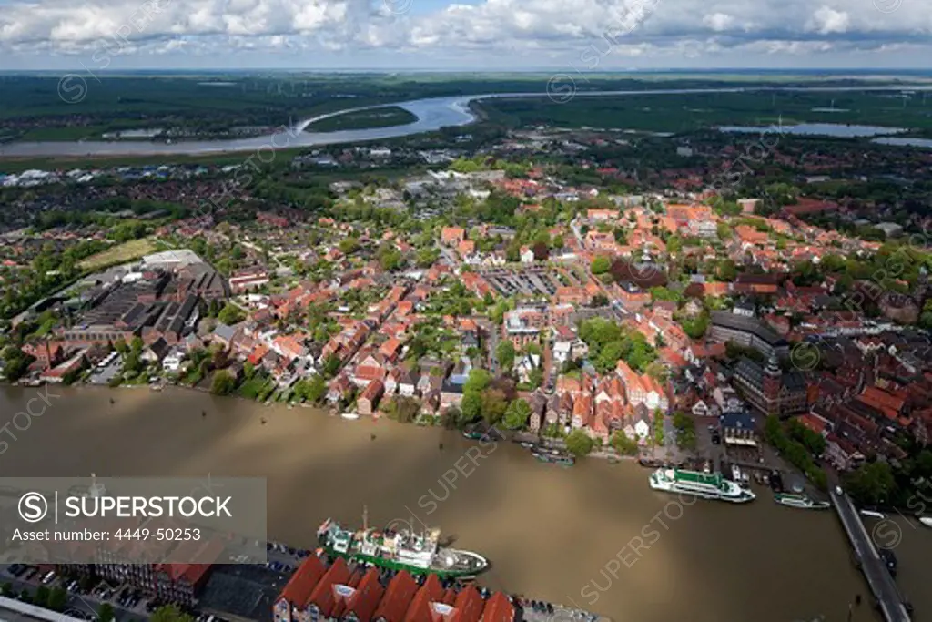 Aerial view of the town of Leer, harbour and town hall bridge, view across to the Ems River Lower Saxony, Germany