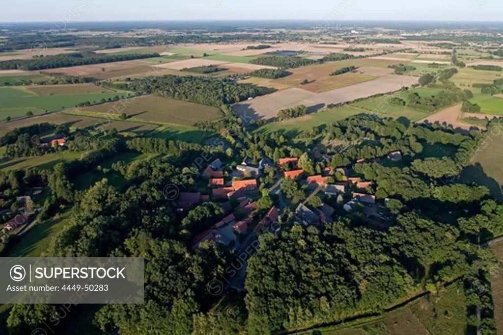 Aerial of a round village, Luebeln in Wendland, Lower Saxony, Germany