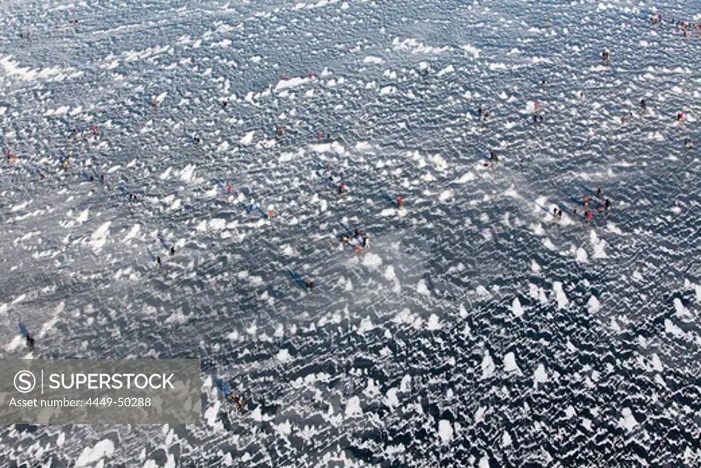 aerial of people on frozen Lake Steinhude in winter, Hannover region, Lower Saxony, Germany