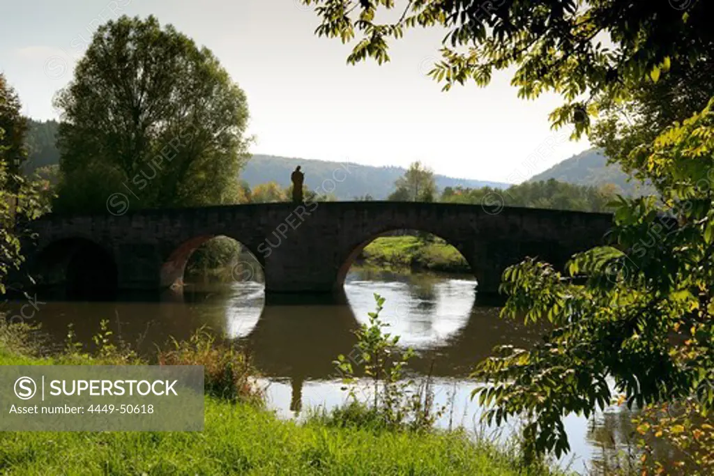 Bridge across the Tauber rivulet, near Reicholzheim, Tauber valley, Romantic Road, Baden-Wurttemberg, Germany