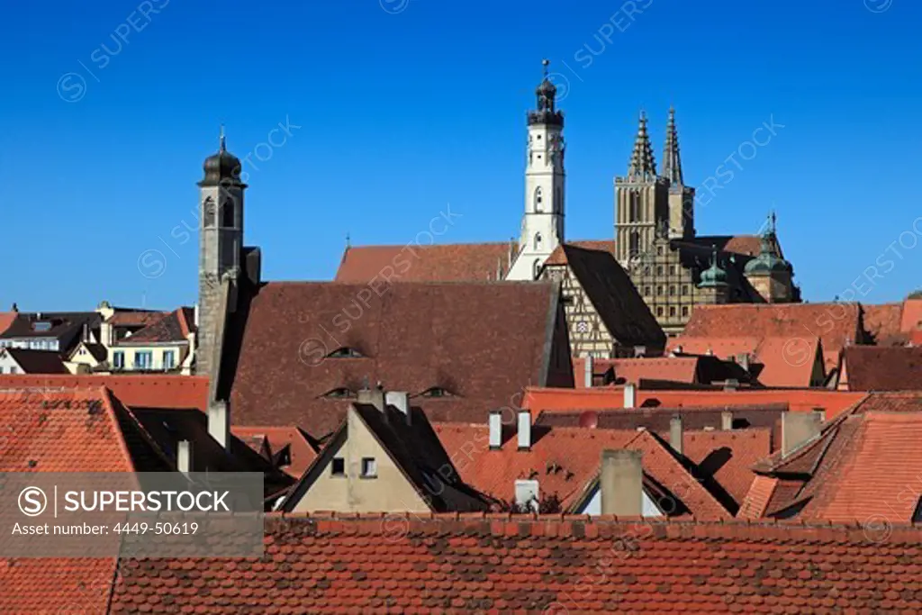 View over the city to St. Johannis church, the tower of the town hall and to St. Jakob church, Rothenburg ob der Tauber, Tauber valley, Romantic Road, Franconia, Bavaria, Germany
