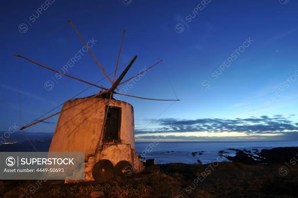 Windmill in the evening light, Vila Nova, Island of Corvo, Azores, Portugal, Europe