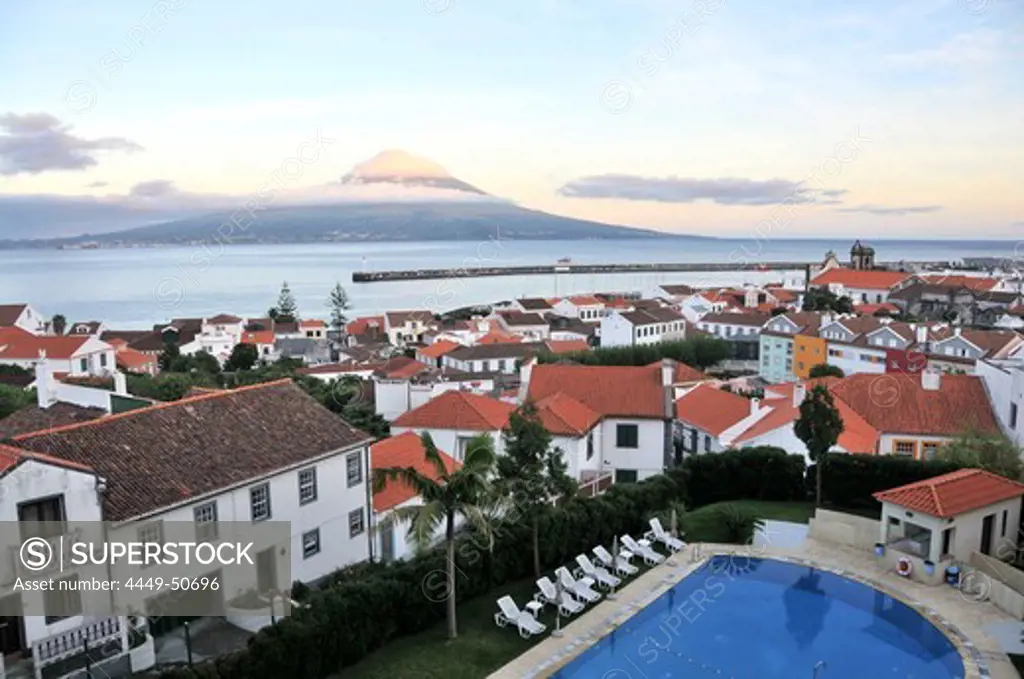 View at the town of Horta and neighbouring island Pico at dusk, Island of Faial, Azores, Portugal, Europe