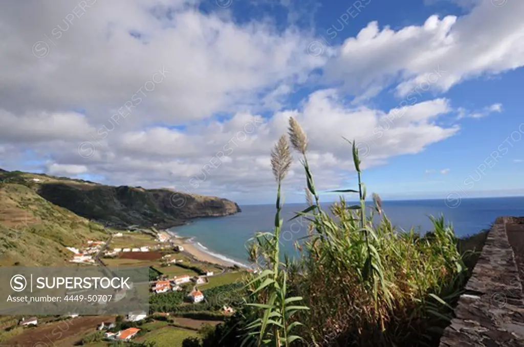 View from Miradouro da Macela at the village of Praia, Island of Santa Maria, Azores, Portugal, Europe